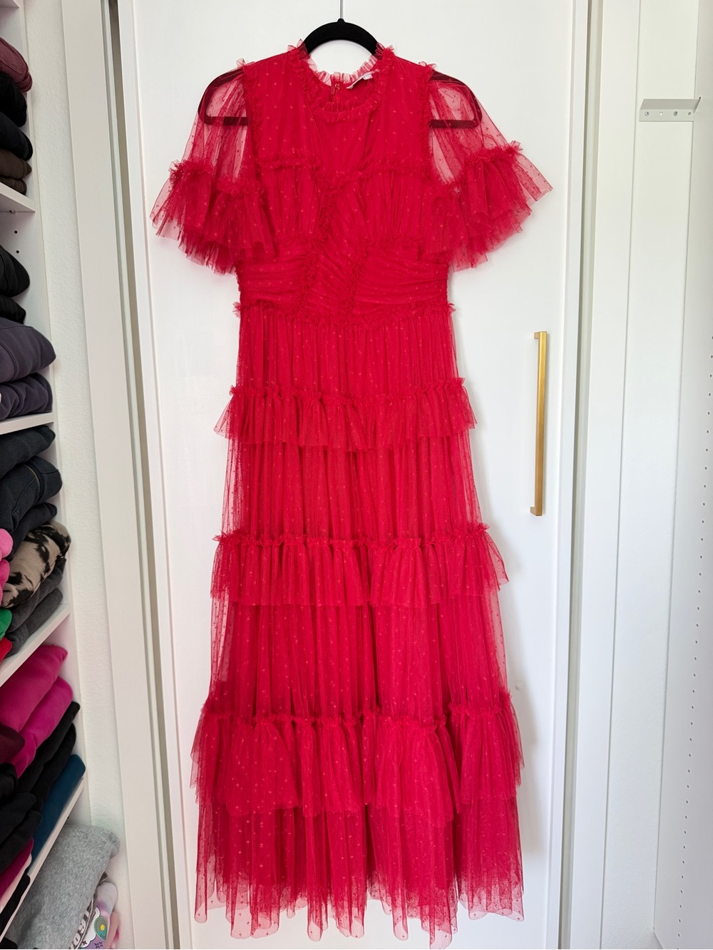 Women’s Ivy City & Co Whimsical Red Tiered Tulle Maxi Dress. Size S.